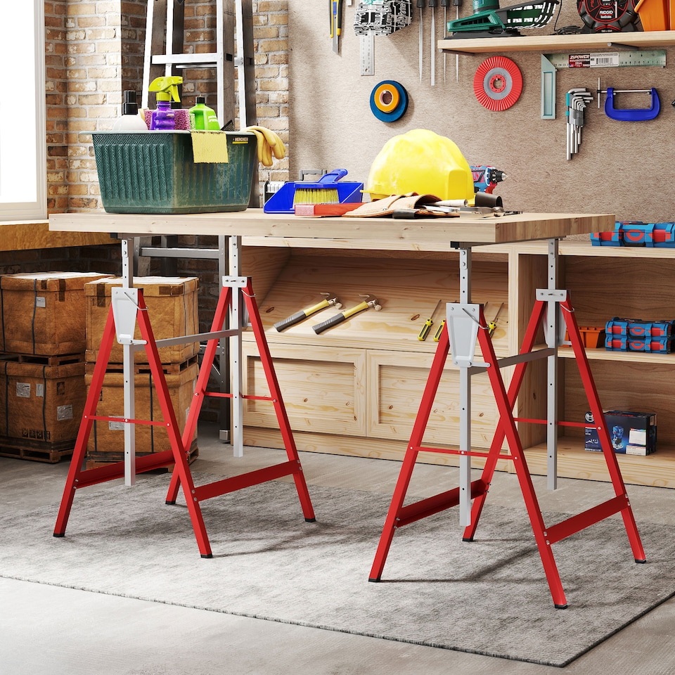 image 1 of HOMCOM Set Of 2 Steel Saw Horses Telescopic Builders Work Bench Folding Red