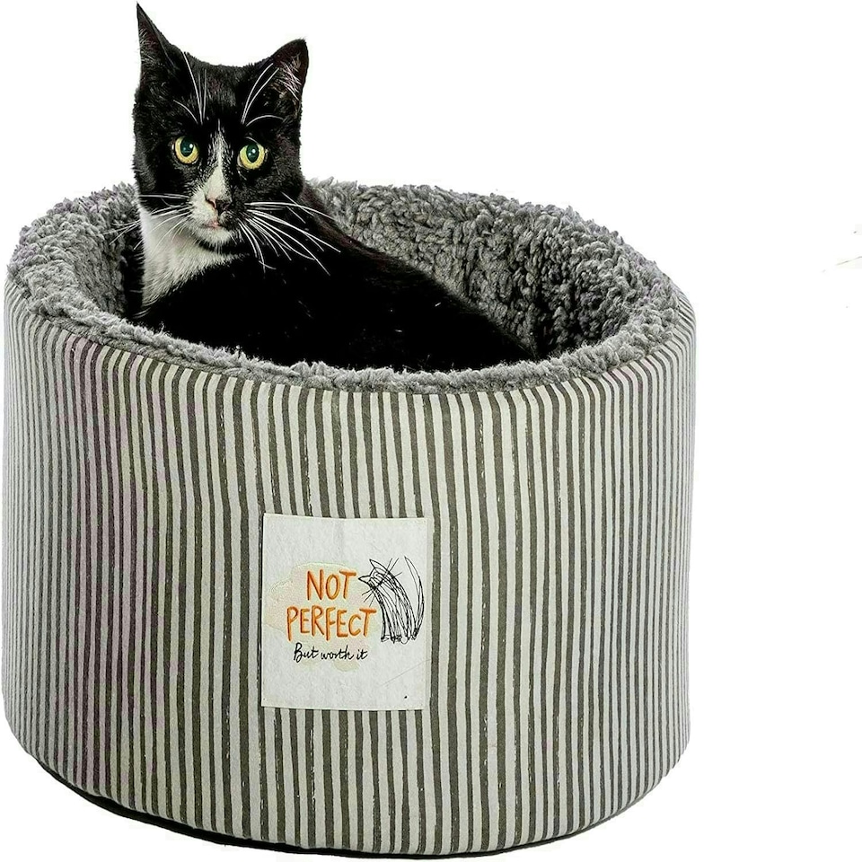 image 1 of Danish Design Battersea Dogs Home Snuggle Stripes Black and White Sherpa Fleece Lining Cat/Kitten Cosy Bed Large 20 Inch