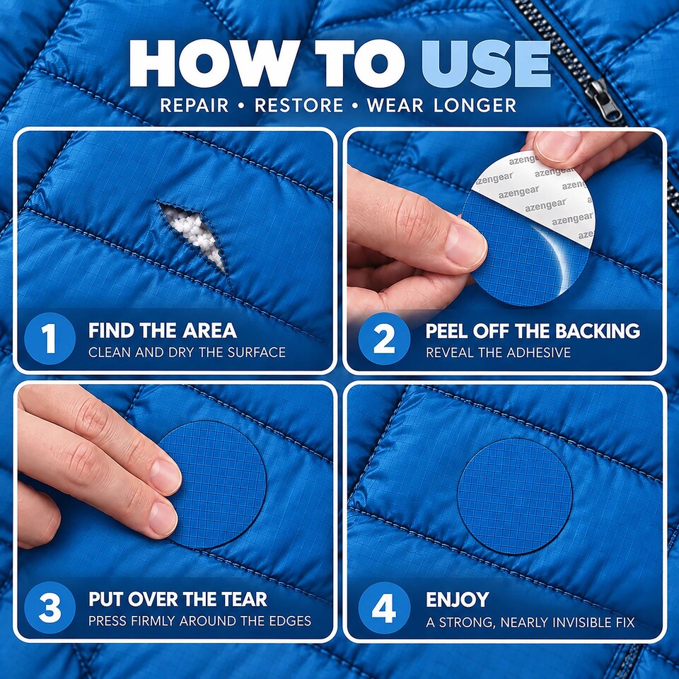 image 1 of aZengear Repair Patches for Jackets, Tent, Shoe, Gear - Waterproof, Self-Adhesive, Tear-Cold-Heat-Resistant (11 Pieces, Blue)