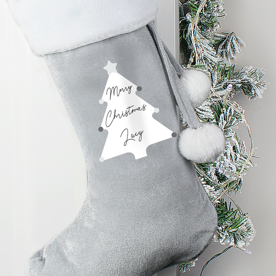 image 1 of Personalised Christmas Tree Luxury Silver Grey Stocking