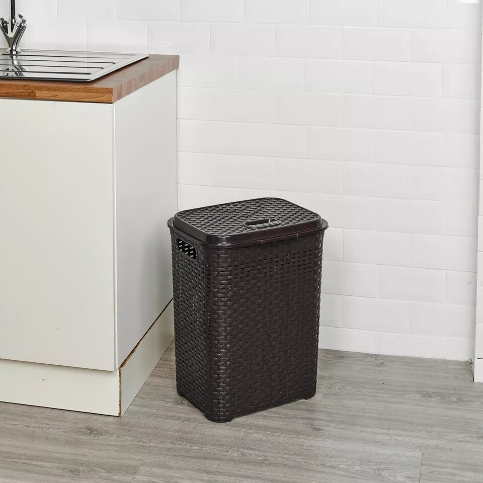 image 1 of 55L Plastic Rattan Laundry Basket | Brown | 1