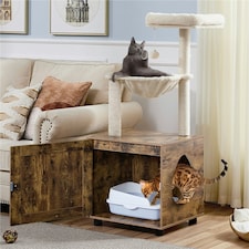 Yaheetech Small Cat Litter Box Enclosure with Cat Tree Brown | Rustic Brown/Beige | One Size