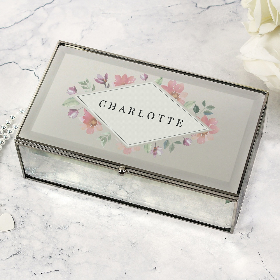 image 1 of Personalised Floral Watercolour Mirrored Jewellery Box