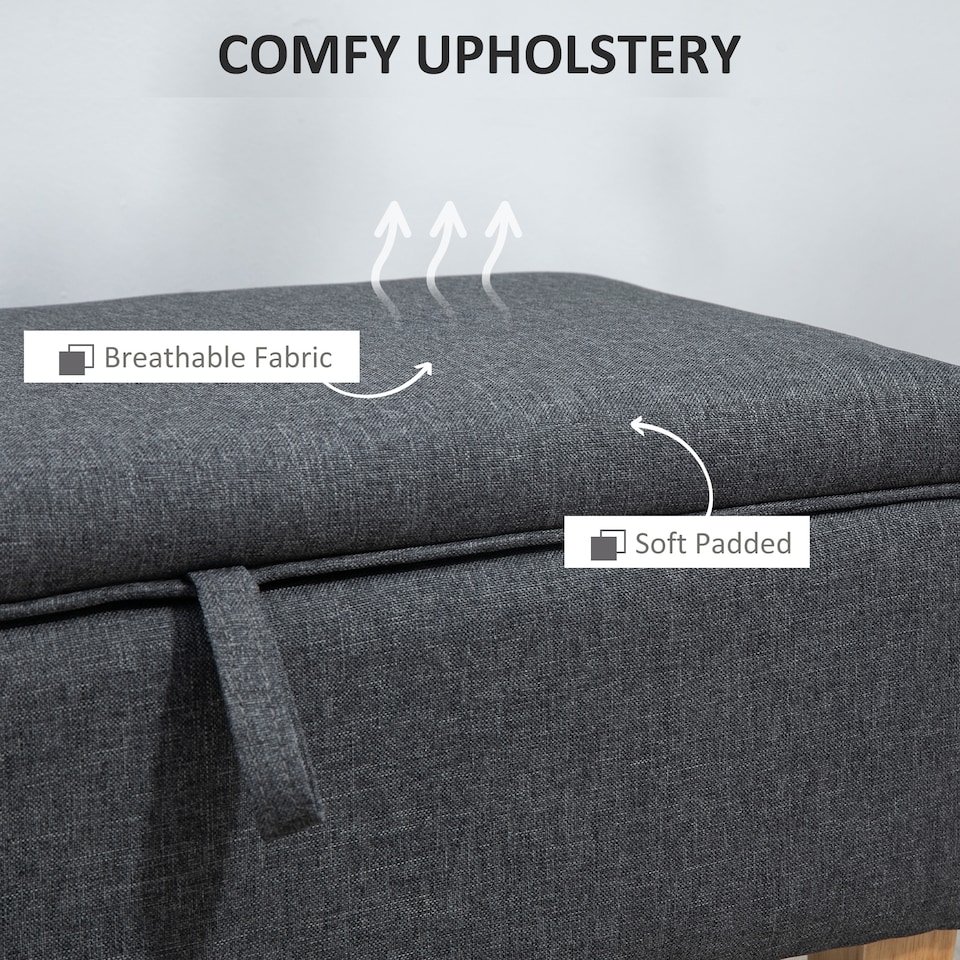image 1 of HOMCOM Linen Storage Ottoman Storage Box with Rubberwood Legs, Dark Grey