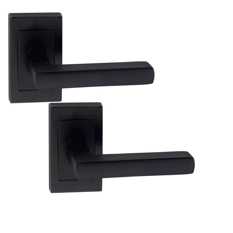 image 1 of Golden Grace Leon Design Straight Door Handles on Square Rose in Matt Black Finish with 64mm 3 Lever Mortise Lock and Key Hole Black