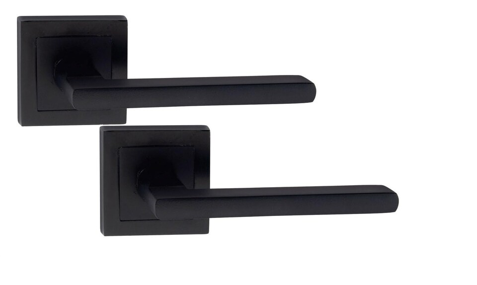 image 1 of Golden Grace Leon Design Straight Door Handles on Square Rose in Matt Black Finish with 64mm 3 Lever Mortise Lock and Key Hole | Black | 1 Set