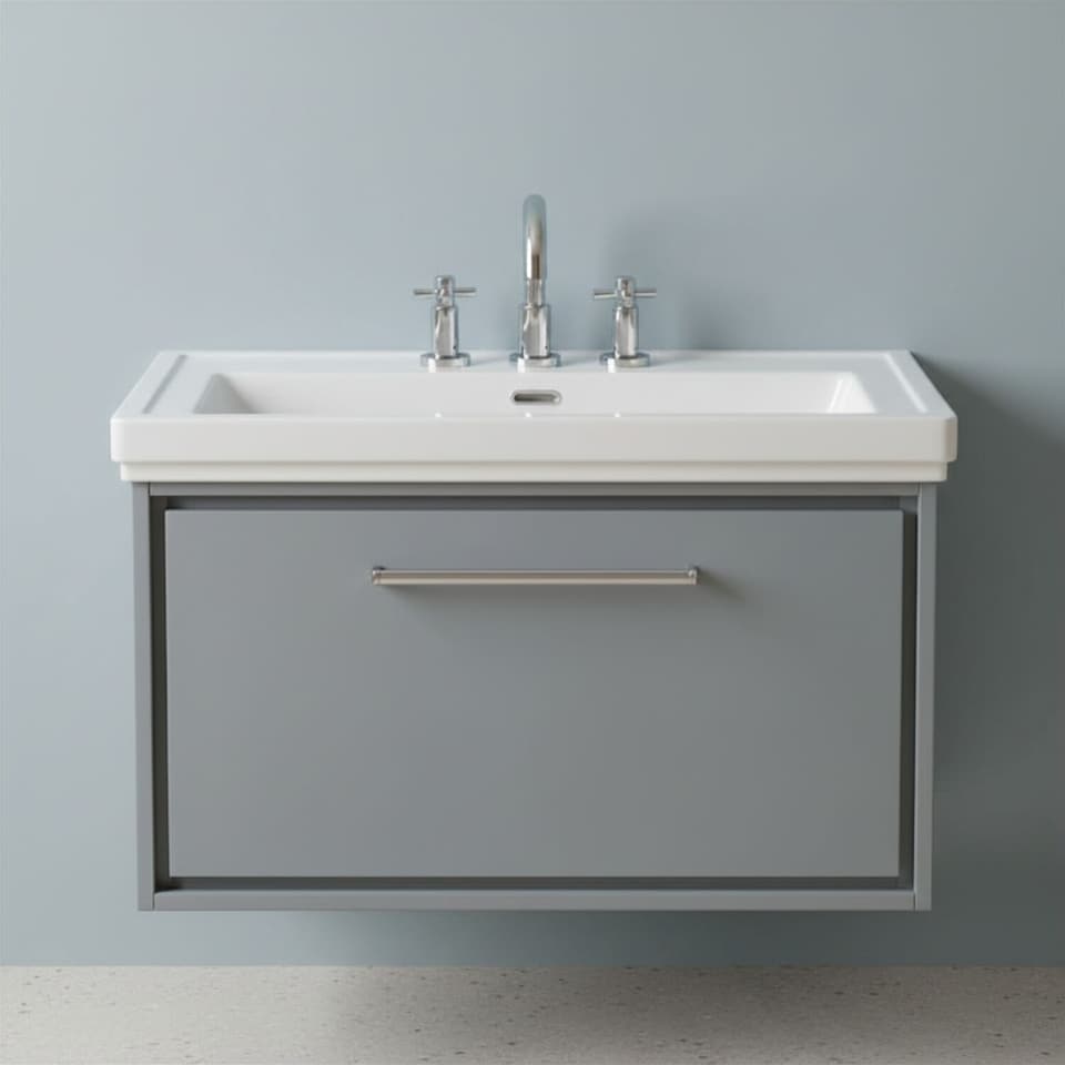image 1 of Balterley Modern Bathroom Wall Hung Single Drawer Vanity Unit with Fireclay Basin - Basin, 3 Tap Holes | Grey | Monument Grey | 498 x 830 x 471mm