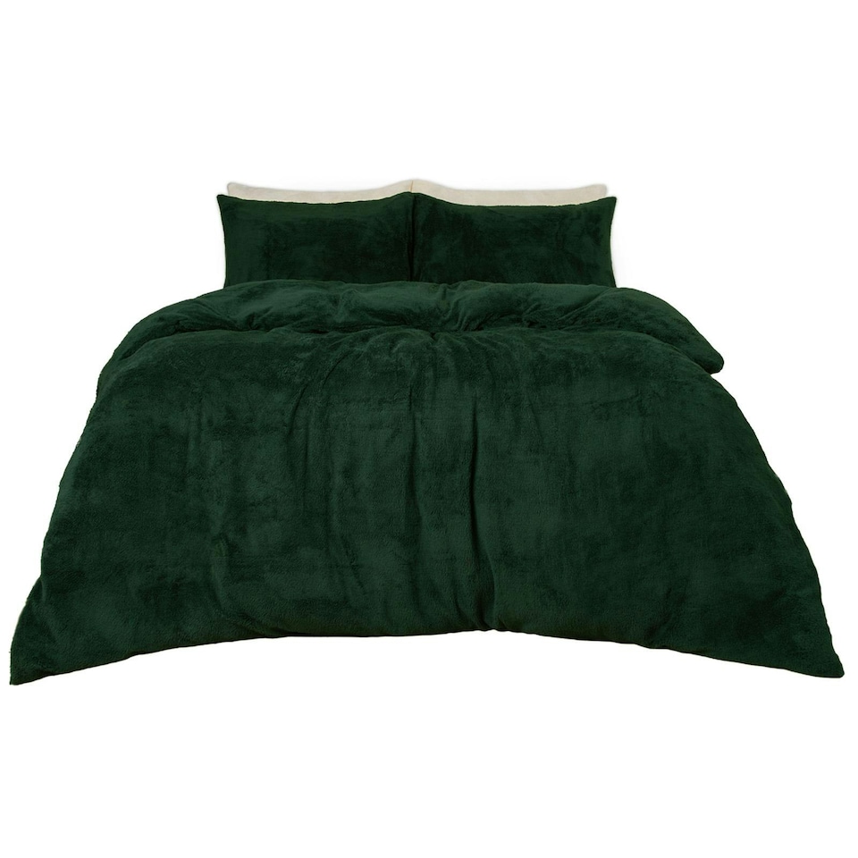 image 1 of OHS Ultra Soft Teddy Fleece Duvet Cover and Pillowcase Bedding Set, Double - Forest Green