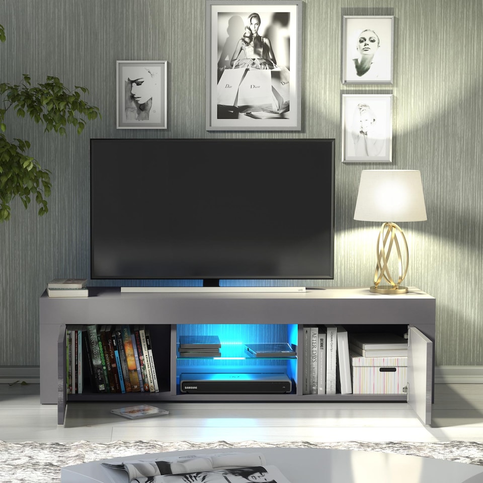 image 1 of TV Unit TV Stand Cabinet Sideboard Grey High Gloss Doors Free LED 130cm