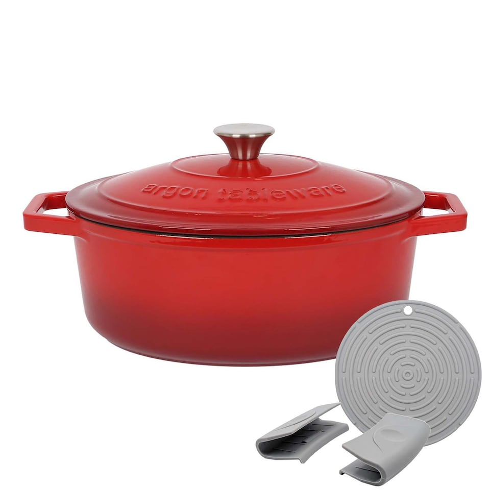 image 1 of Argon Tableware 4.68L Oval Cast Iron Casserole Dish with Self-Basting Lid - 4.95QT Dutch Oven Roasting Dish Pot | Red | Red Ombre | 1