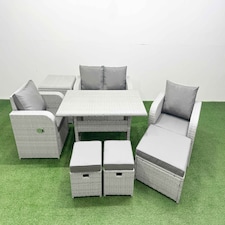 Fimous Light Grey PE Wicker Rattan Garden Furniture Set Sofa Set Reclining Chair Rectangular Dining Table 7 Seater 3  Stools Side Table