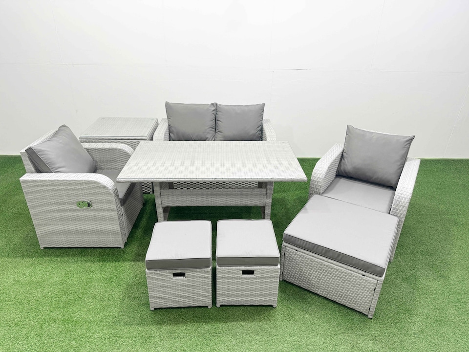 image 1 of Fimous Light Grey PE Wicker Rattan Garden Furniture Set Sofa Set Reclining Chair Rectangular Dining Table 7 Seater 3  Stools Side Table