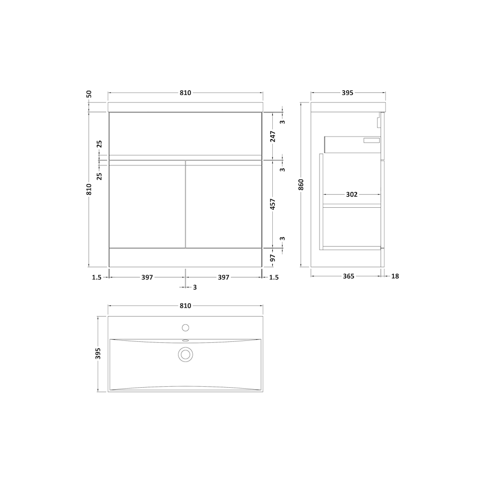 image 1 of Balterley Mavesyn Contemporary 2 Door 1 Drawer Floor Standing Vanity Unit with Thin Edge Basin, Satin White, 800mm