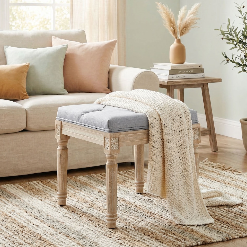 image 1 of HOMCOM Vintage Foot Stool with Wood Legs, Light Grey | Grey | Light Grey