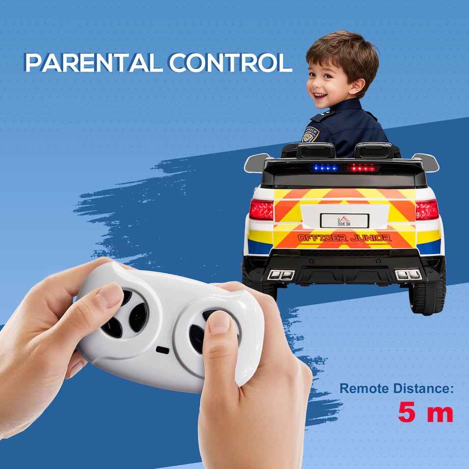 image 1 of HOMCOM 12V Electric Car for Kids, Ride on Police Car with 2 Motors, Remote Control, Siren Flashing Lights, Suspension, USB, Auxiliary Wheels, Pull handle, for 3-6 Years, White