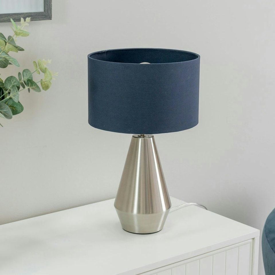 image 1 of ValueLights Jax Brushed Chrome Metal Dimmable Touch Table Lamp with Navy Blue Fabric Drum Shade with LED Bulb