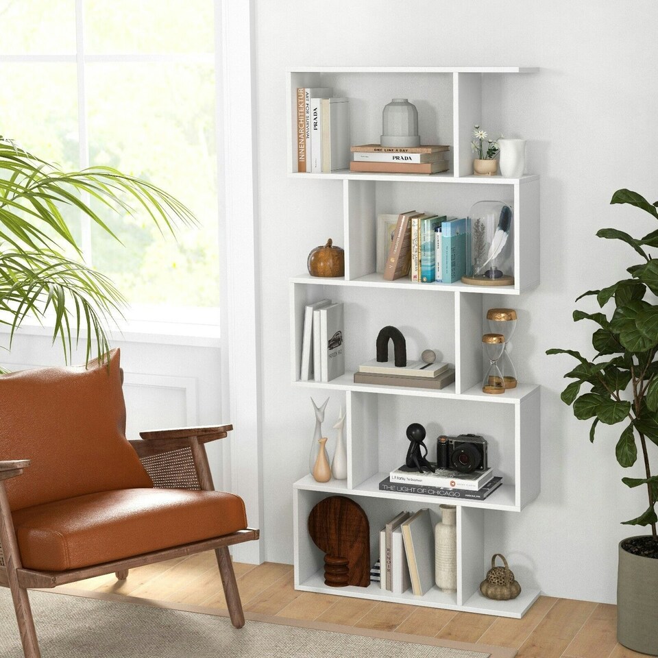 image 1 of COSTWAY 5-tier Bookcase S-Shaped Bookshelf Display Rack White White