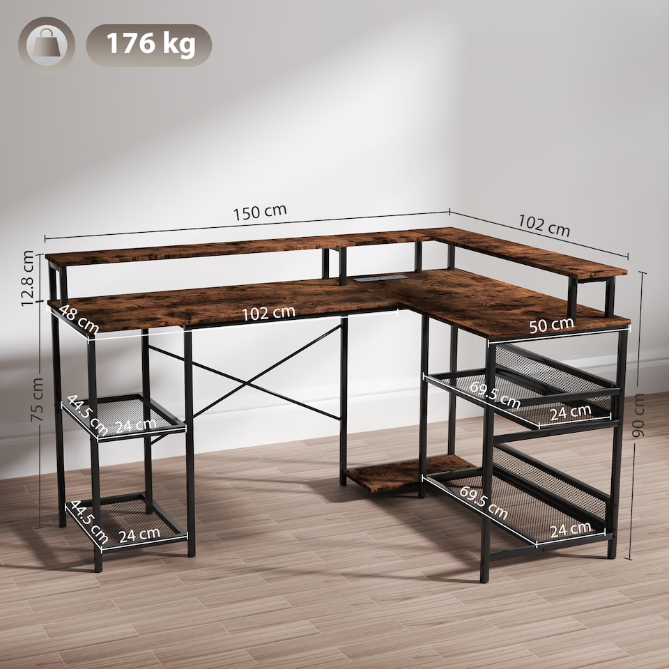 image 1 of HOMCOM L Shaped Gaming Desk w/ LED Lights and Power Outlets for Small Space