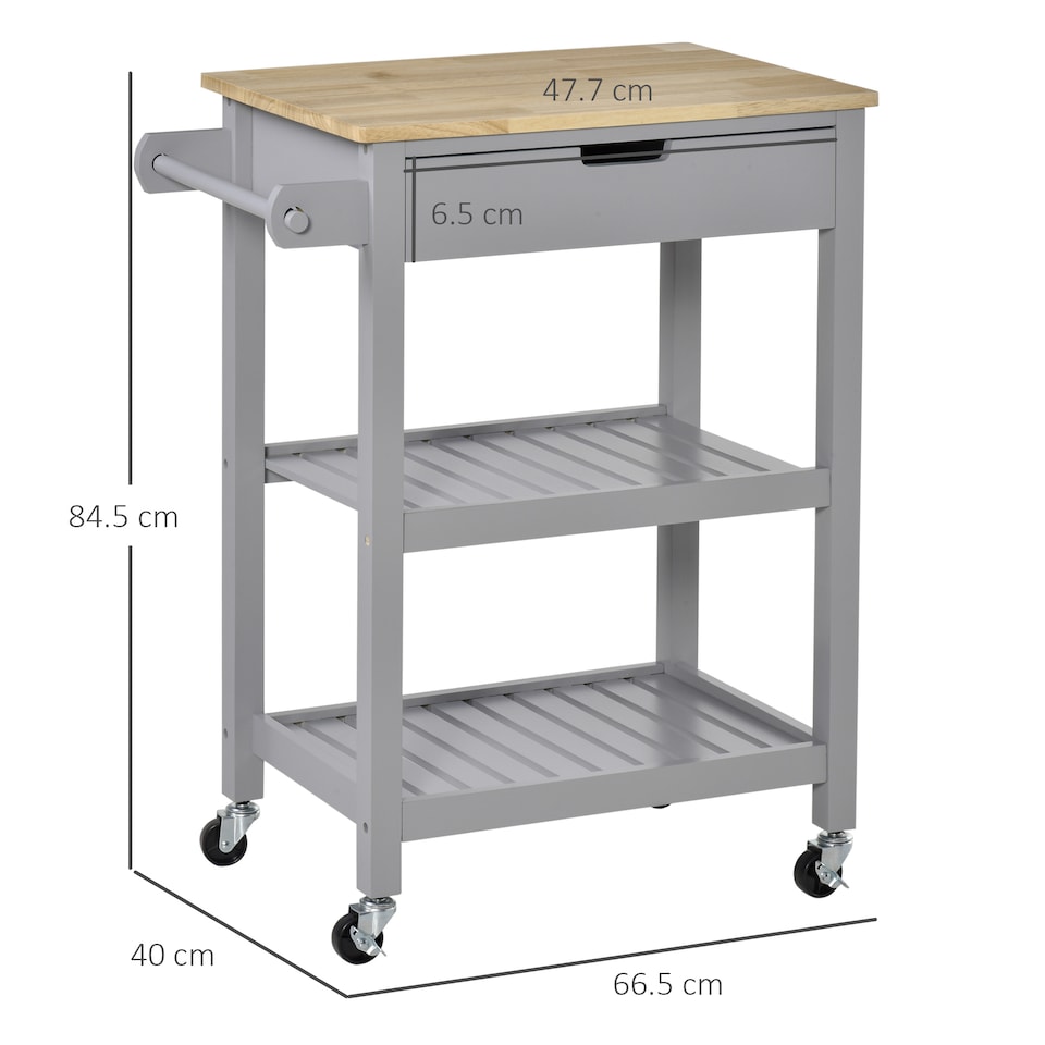 image 1 of HOMCOM Kitchen Trolley Utility Cart on Wheels with Rubberwood Worktop, Towel Rack, Storage Shelves & Drawer for Dining Room, Grey