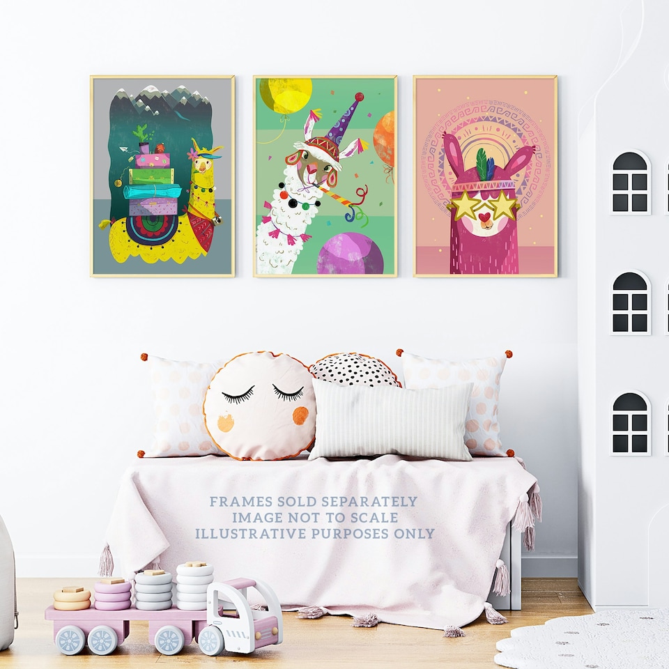 image 1 of Set of 3 Girl Kids Bedroom Llama Cool White Yellow Pink Camping Party Wall Art Print A4