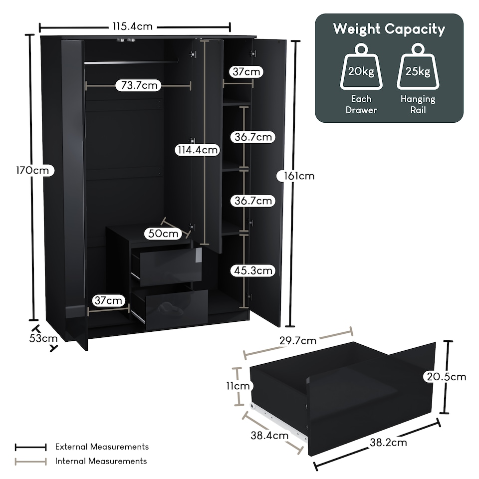 image 1 of Vida Designs Glinton 3 Door 2 Drawer Wardrobe With Clothes Rail, Black
