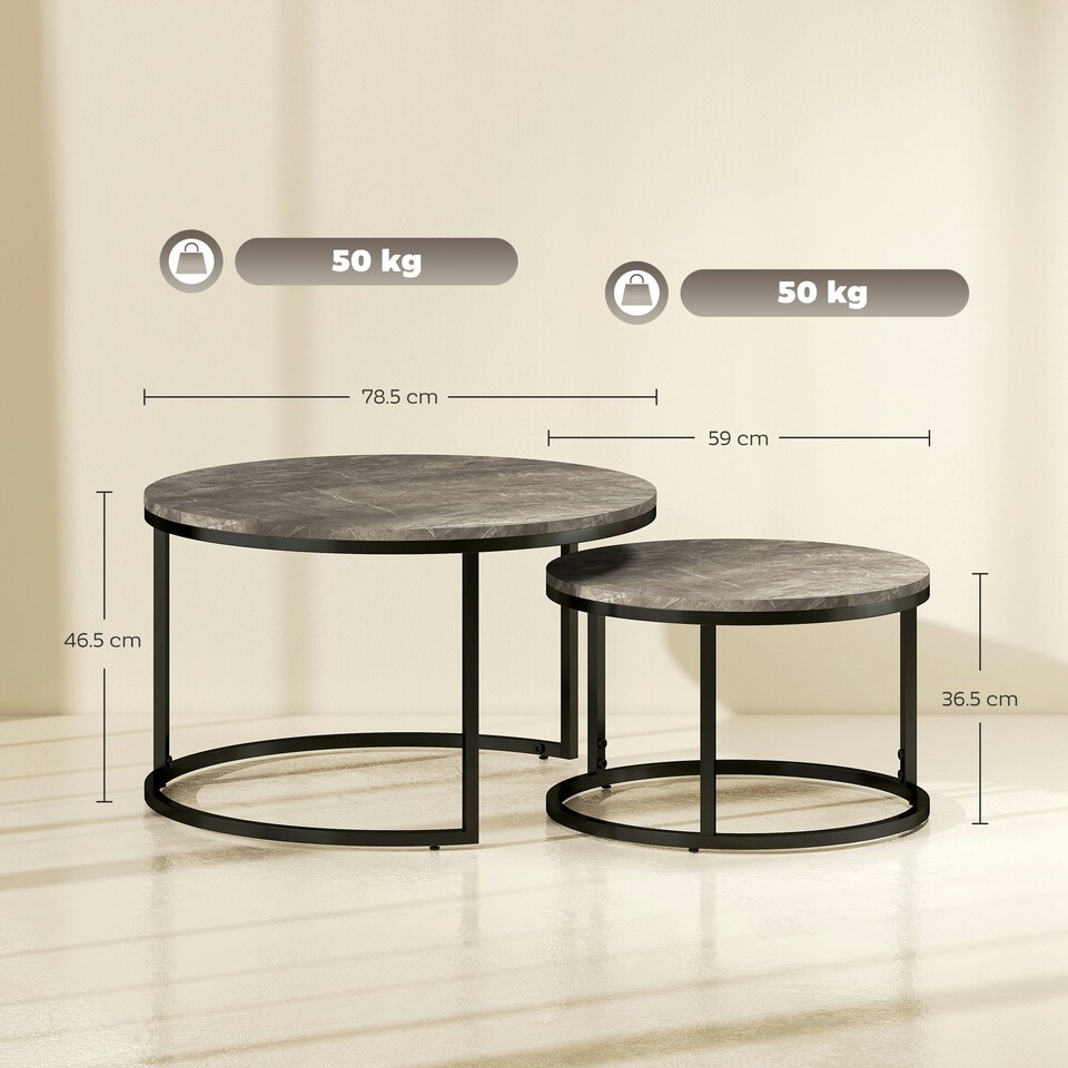 image 1 of HOMCOM 2 Pcs Stacking Coffee Table Set Steel Frame Marble-Effect Top Foot Pads | Grey | 78.5x78.5x46.5