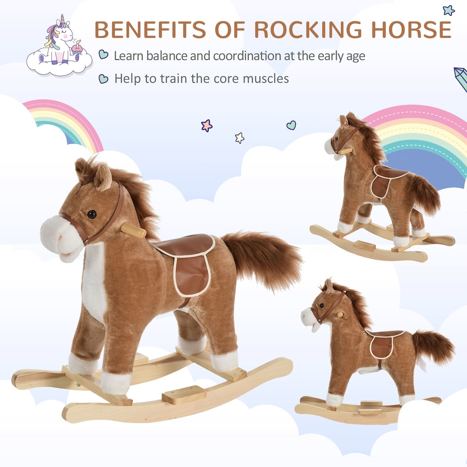 image 1 of HOMCOM Kids Plush Rocking Horse with Sound Moving Mouth Wagging Tail Children Rocker Ride On Toy Gift 3-6 Years Brown