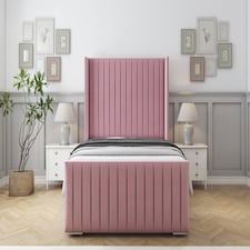 Sloomy Marlborough Pink Plush Bed Frame With 50" Upholstered Wingback Headboard 4'6 Double