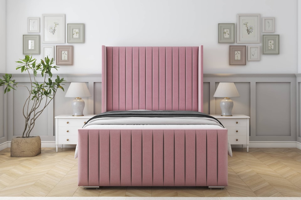 image 1 of Sloomy Marlborough Pink Plush Bed Frame With 50"  Upholstered Wingback Headboard 4'6 Double