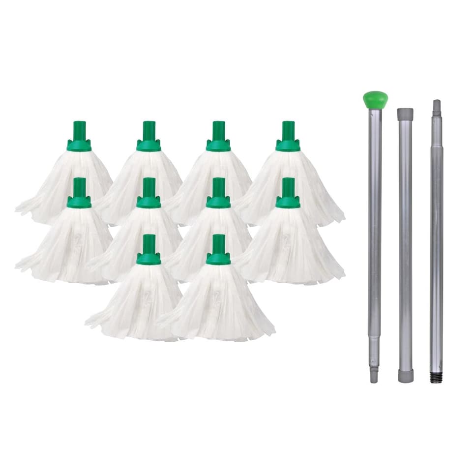 image 1 of Mop Head Refills (10 Super Absorbent Mops With 140cm Handle) For Hard Floor Mopping Cleaning Home office and Commercial Use Green | Green