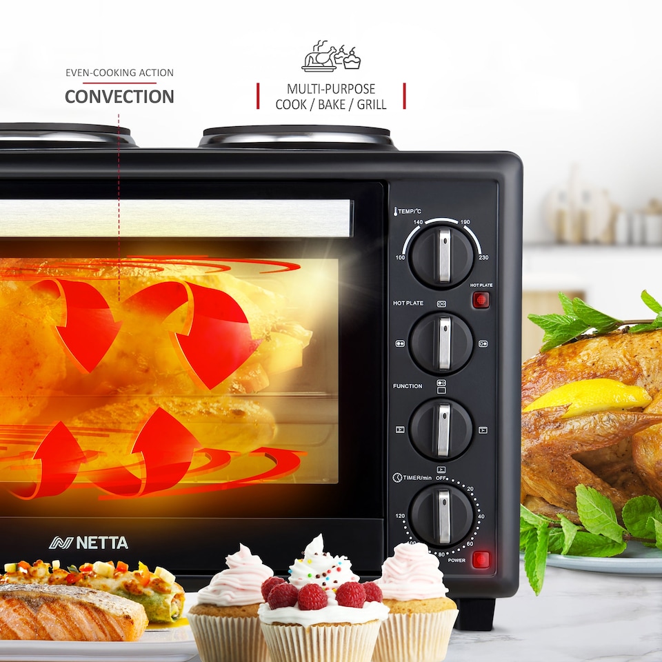 image 1 of NETTA 45L Electric Mini Oven with Double Hotplate, Grill, Adjustable Temperature and 120‑Minute Timer - 2850W