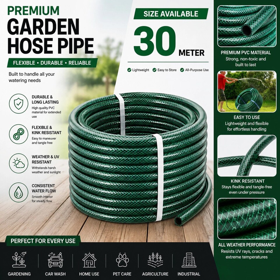 image 1 of 30m Reinforced Garden Hose Pipe Heavy Duty PVC Braided 3 Layer Water Hose Kink Free, Leakproof & Burst Resistant Hosepipe Reel