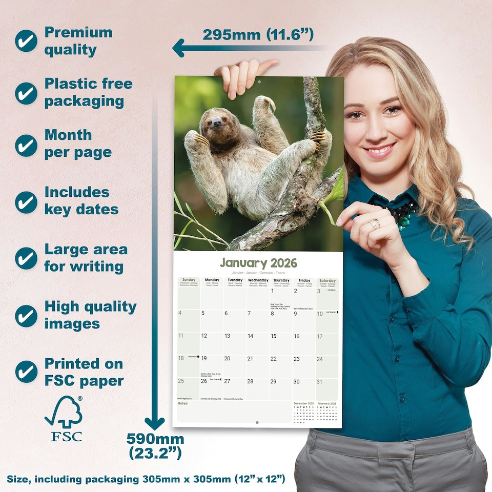 image 1 of Sloths 2026 Calendar | Square Wall Calendar | Animal Gift | Plastic Free Packaging | by Avonside Publishing