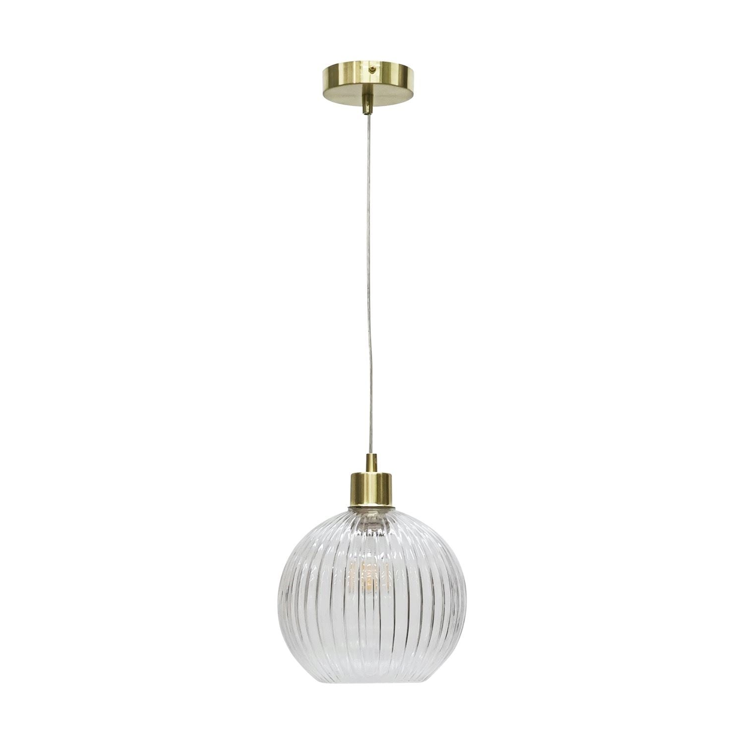 First Choice Lighting Betchley - Clear Ribbed Glass Globe with Satin Brass Pendant Fitting