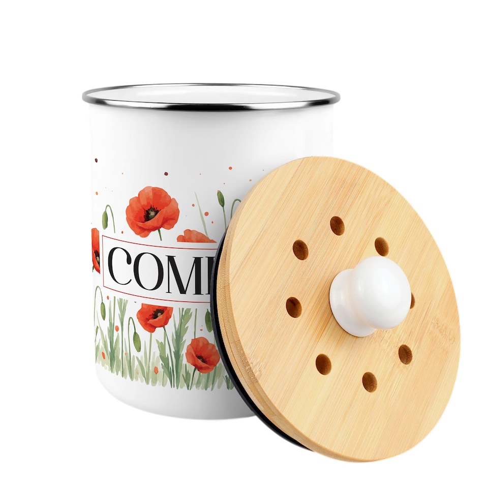 image 1 of Red Poppy Fields Compost Caddy - Metal 2L Decorative Kitchen Food Waste Bin
