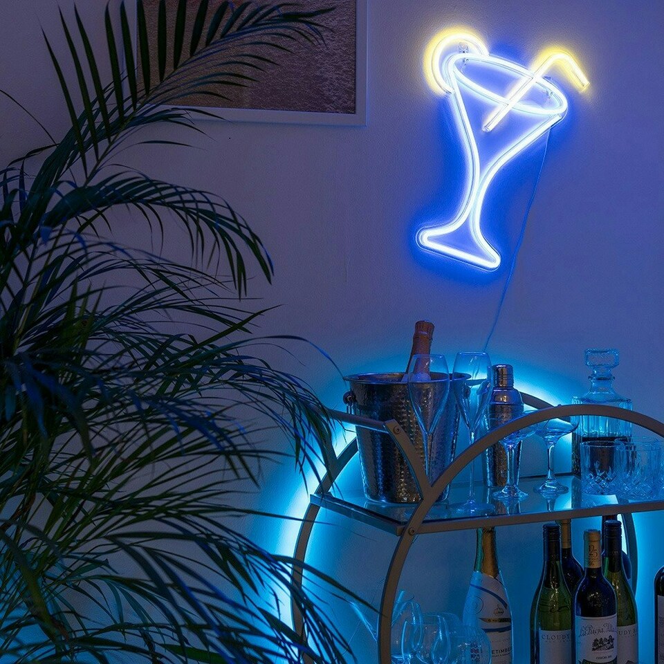 image 1 of ValueLights Neon Cocktail Glass Neon White Illuminated Decoration and Integrated LED 3W Multicolour Bulb