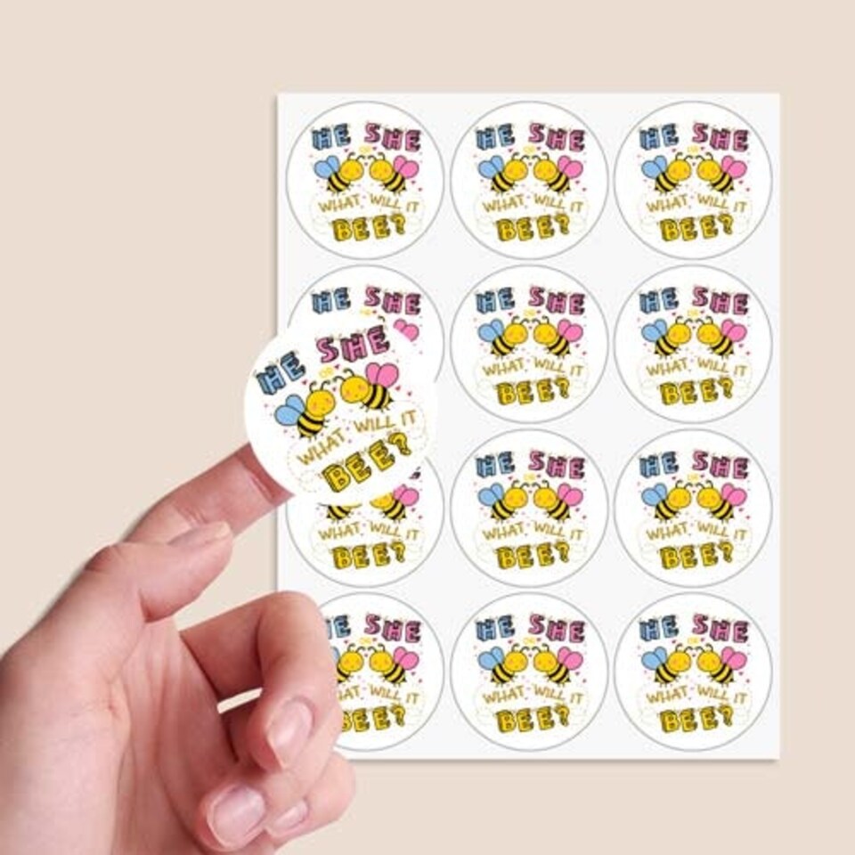 image 1 of What Will it Bee Gender Reveal Round Stickers 60mm - Sheet of 12