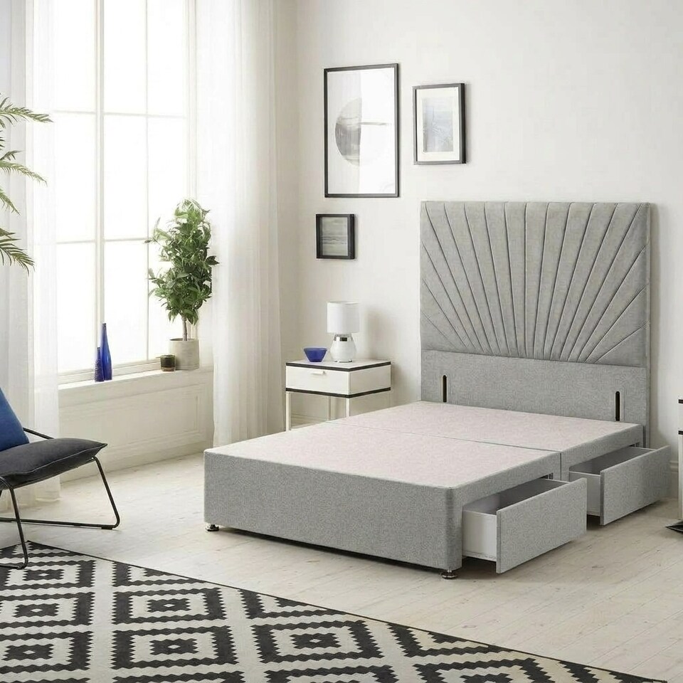 image 1 of Sunburst Divan Bed with 2 Drawers & 54'' Floor Standing Headboard Tweed Fabric | Grey | Grey