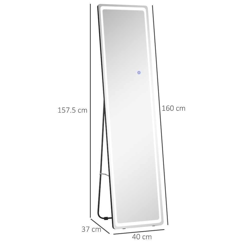 image 1 of HOMCOM Full-Length Mirror, 160  40 cm, Wall Mounted, Freestanding Floor Mirror with LED Lights and Remote Control, Dimming 3 Colour Modes, for Bedroom, Black