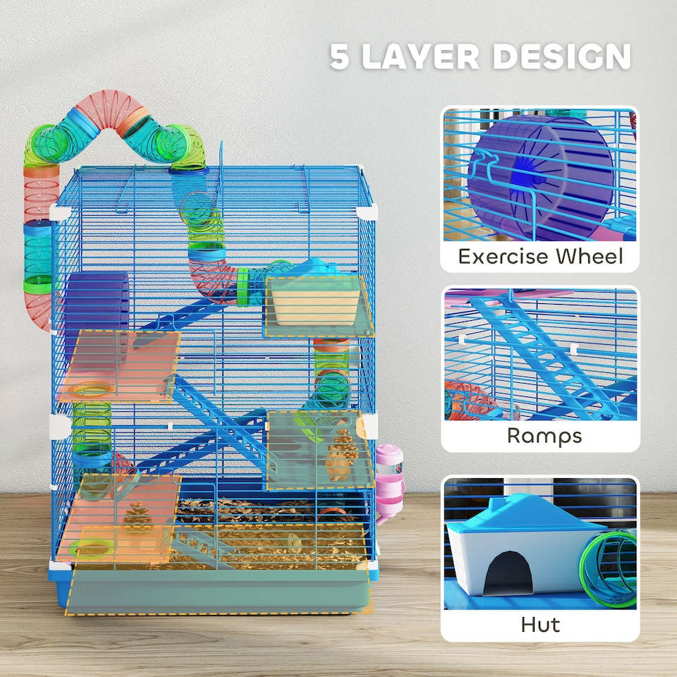 image 1 of Pawhut 5 Tier Hamster Cage, Gerbil Cage with Tube Exercise Wheels, Tunnel, Water Bottle, Dishes, Blue, 58H x 46L x 30Wcm