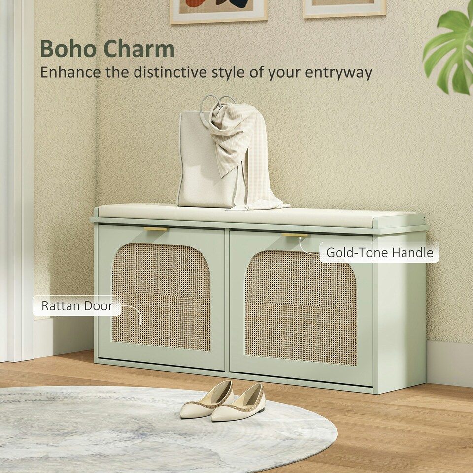 image 1 of HOMCOM Boho Shoe Bench with Padded Seat and 2 Flip-Drawers Green