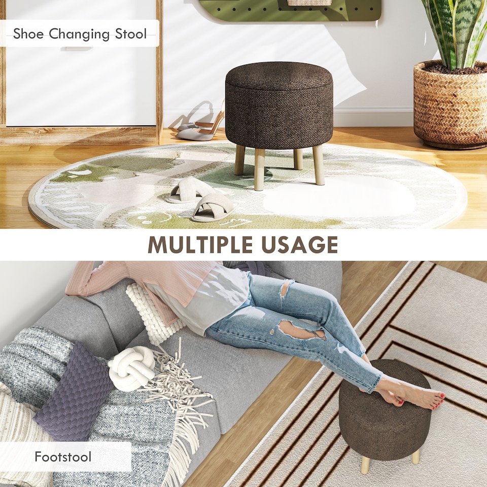 image 1 of HOMCOM Round Storage Stool, Linen Fabric Upholstered Foot Stool with Removable Top, Padded Seat, Hidden Space and Wooden Legs for Living Room, Brown