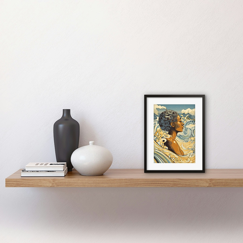image 1 of Barbados Woman Summer Sea Waves Portrait 9x7" Black Framed Wall Art Print