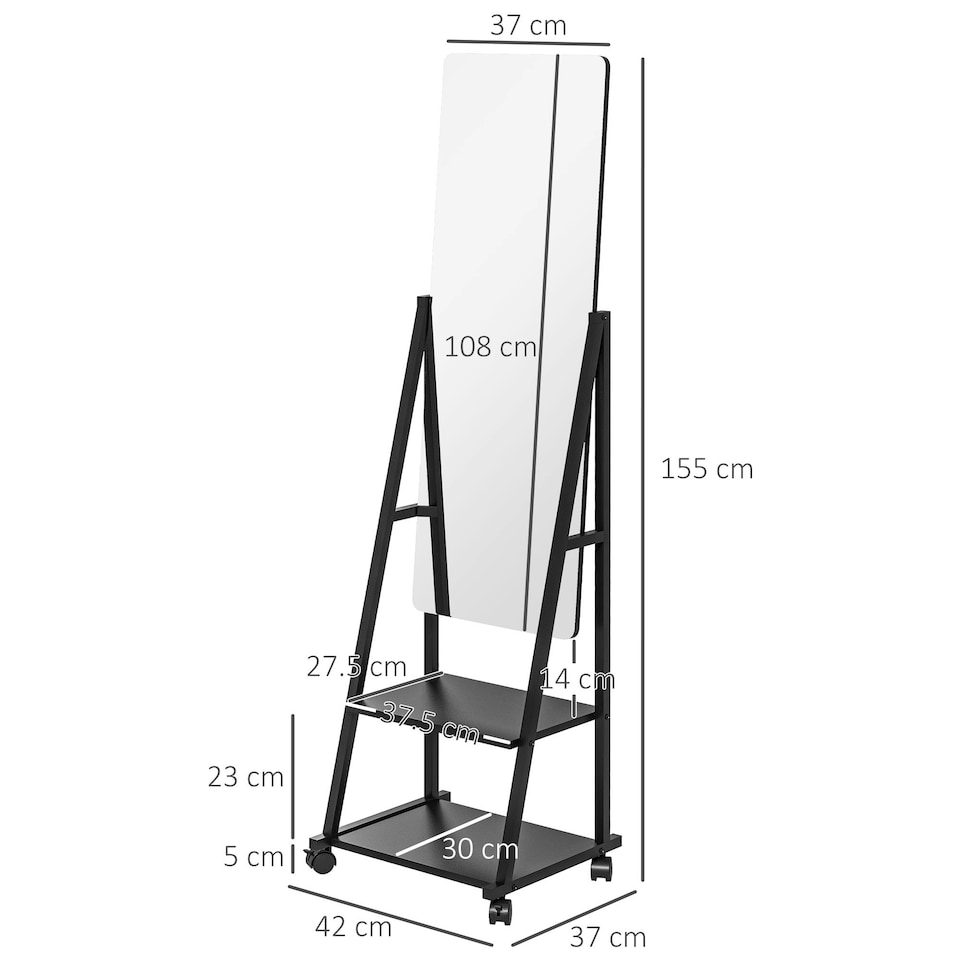 image 1 of HOMCOM Movable Full Length Mirror Adjustable Full Body Mirror with 2 Shelves