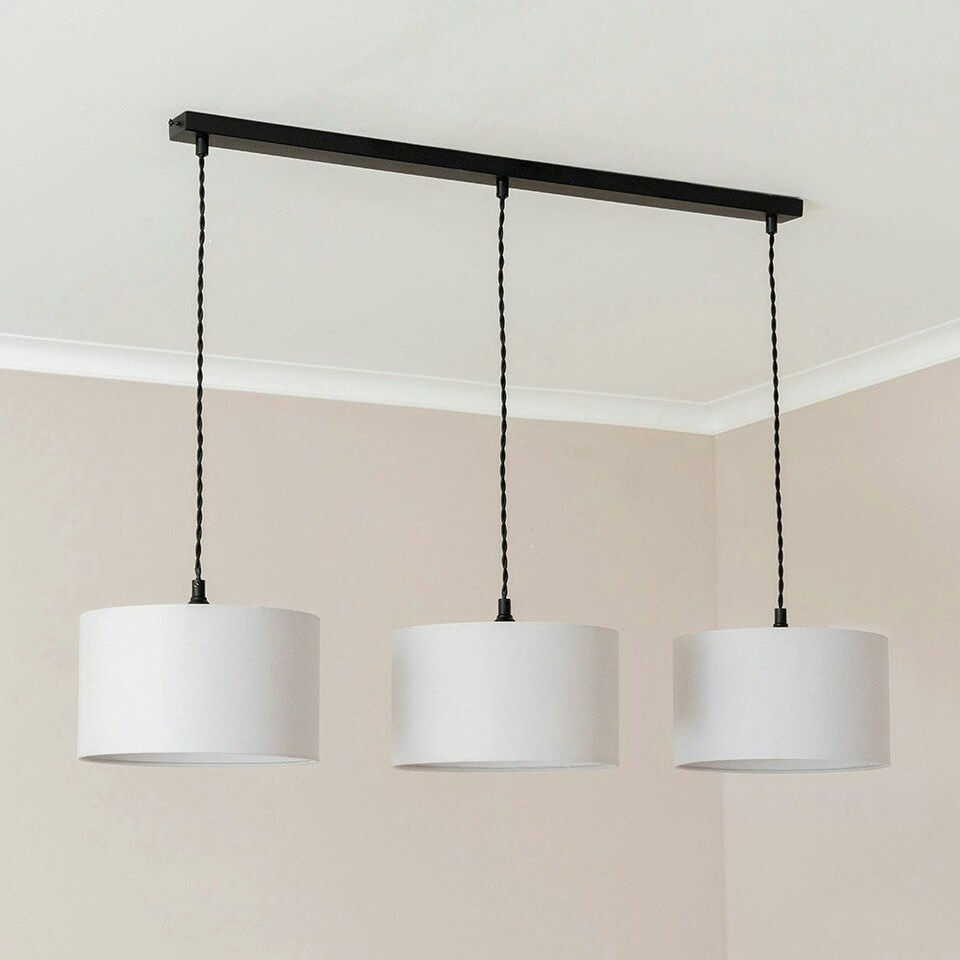 image 1 of ValueLights Reni Grey Drum Shade 3 Drop Bar Matte Black Diner Ceiling Light with LED Bulbs Black
