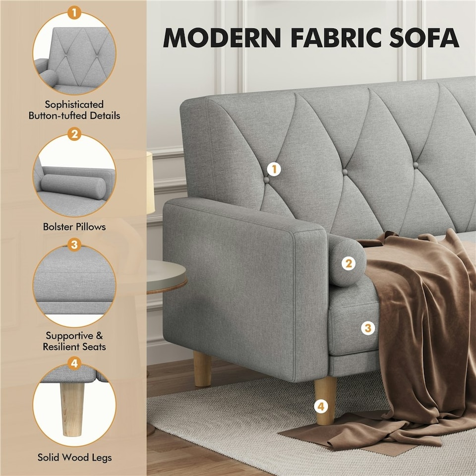 image 1 of Yaheetech Button-tufted Fabric 3-Seater Sofa Bed with 2 Bolster Pillows