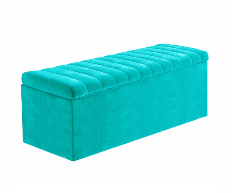 image 1 of 150cm Safar Large Striped Storage Ottoman Box, Teal Plush Velvet Upholstered Deep Storage Ottoman End of Bed Bench