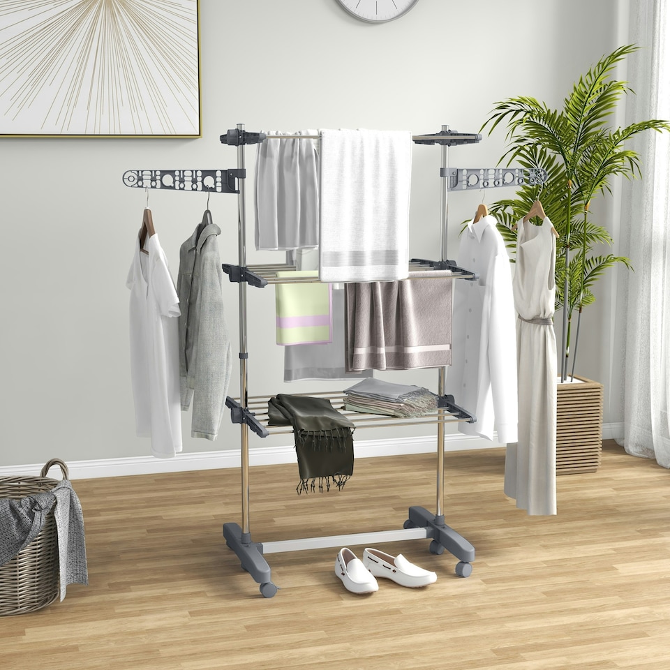 image 1 of HOMCOM 3-Tier Large Clothes Airer Stainless Steel Clothes Drying Rack Grey