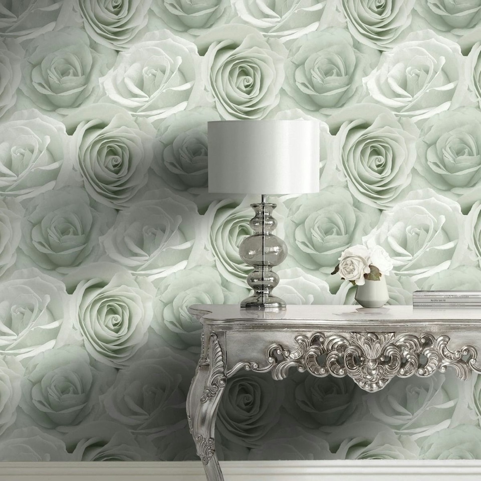 image 1 of World Of Wallpaper Melany Rose Wallpaper - Sage Green - 10m x 53cm Green