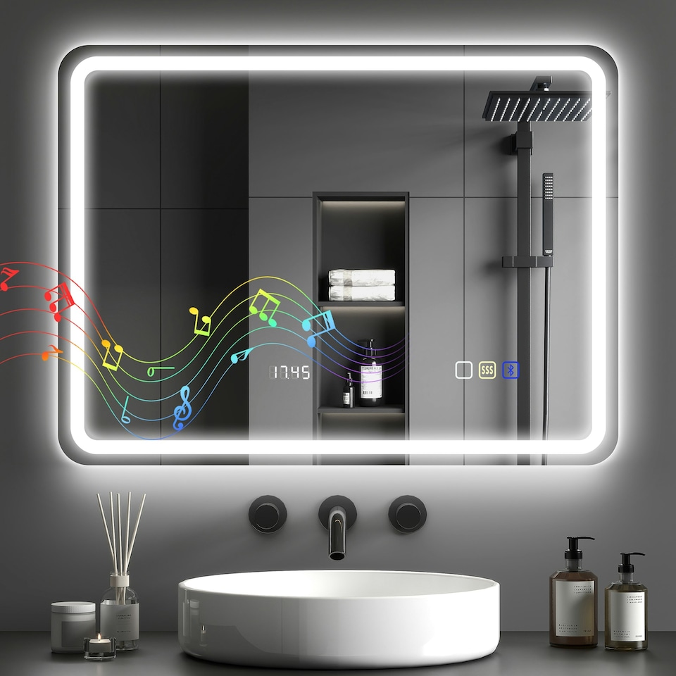 image 1 of HOMCOM 600 x 800 mm Illuminated Bathroom Mirror with Bluetooth Clock Silver | Silver | 80 x 60 x 3.5 cm | 1